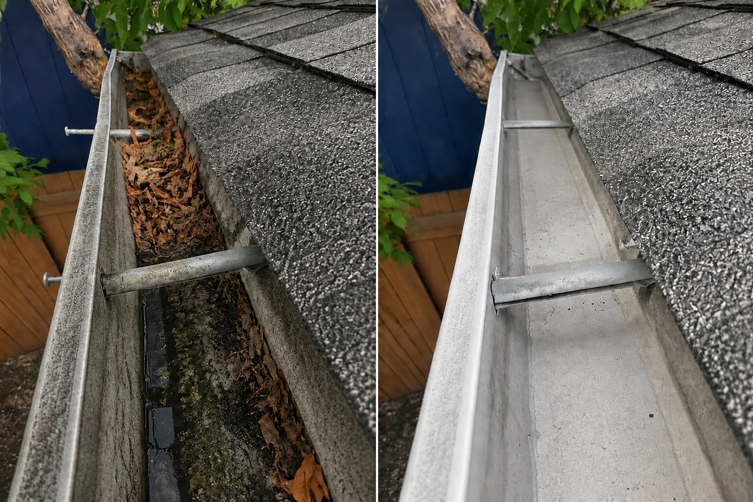 Real gutter cleaning before and after