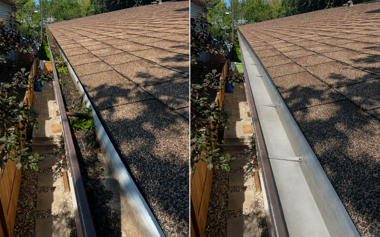 Real gutter repair before and after — cleared and re-bracketed
