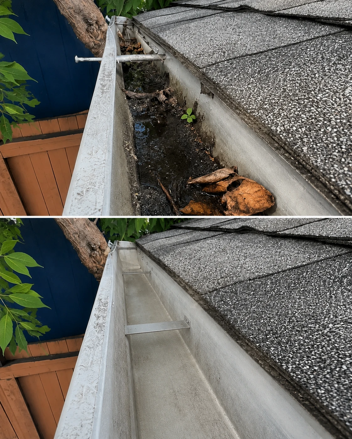 Real gutter repair before and after — old spikes replaced with hidden brackets
