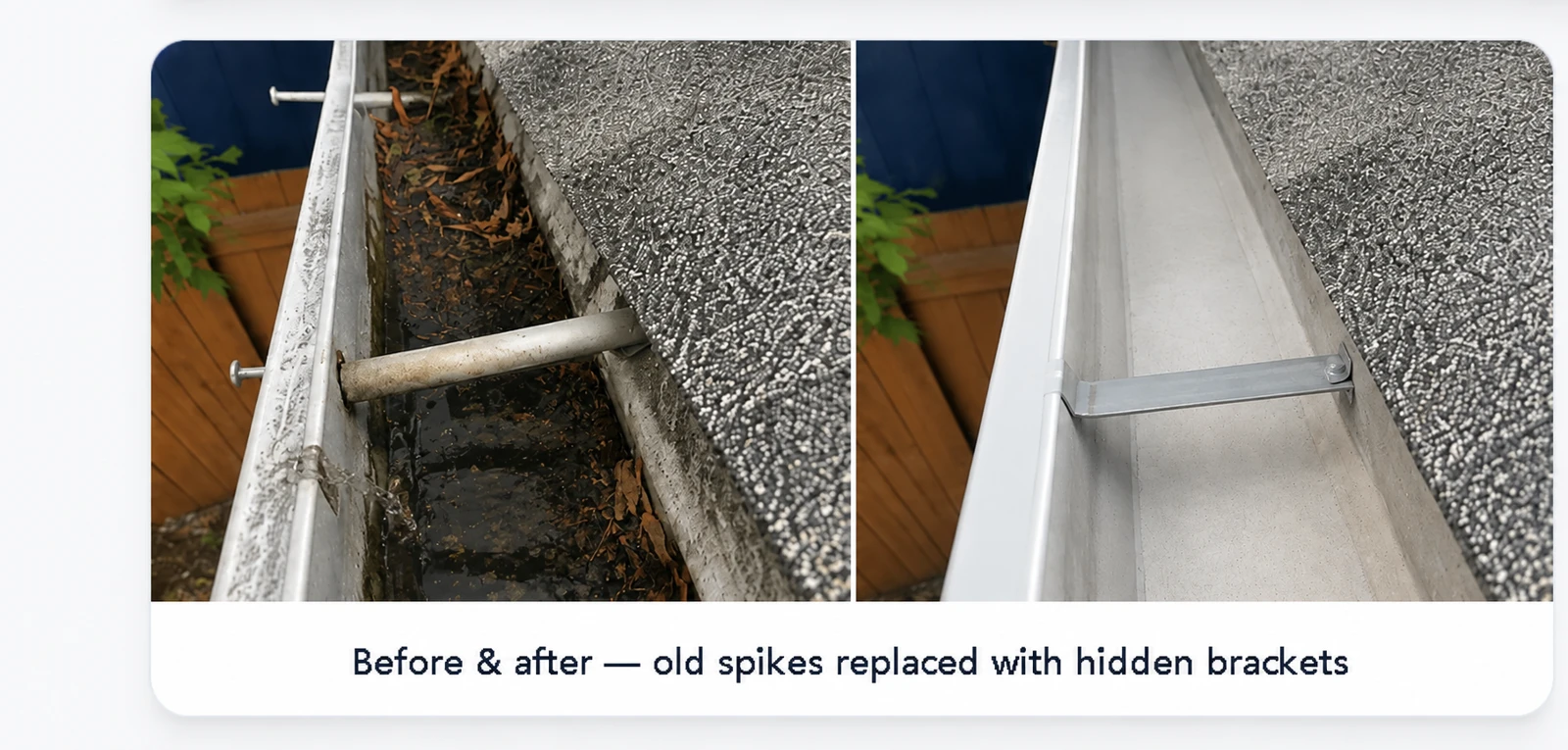 Real gutter repair before and after — deep clean, sprout removed